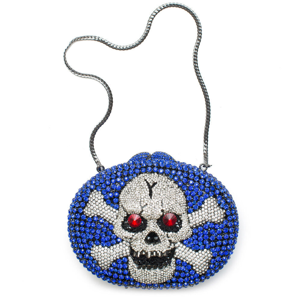 Skull Crossbones Blue Red Minaudiere Evening Bag Handbag Crystal Evening Bead